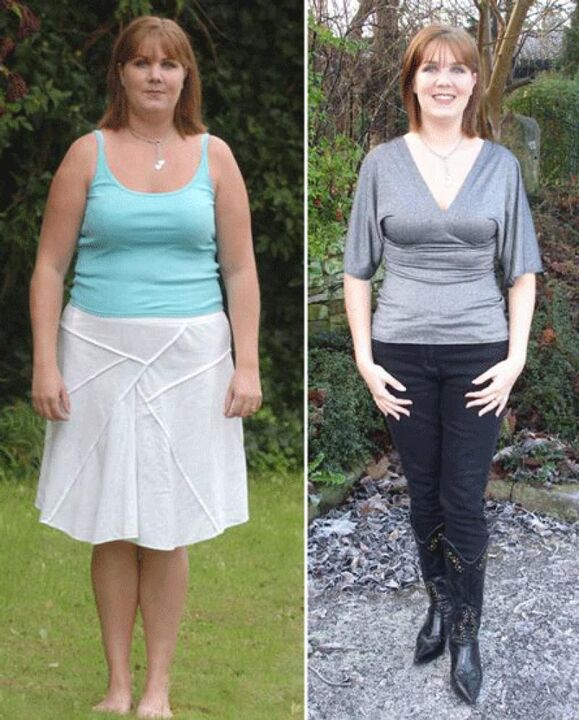 A woman before and after losing weight, following a kefir diet